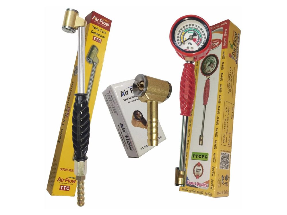 Air Flow twin tyre connector, air filling nozzle and pressure gauge with their boxes